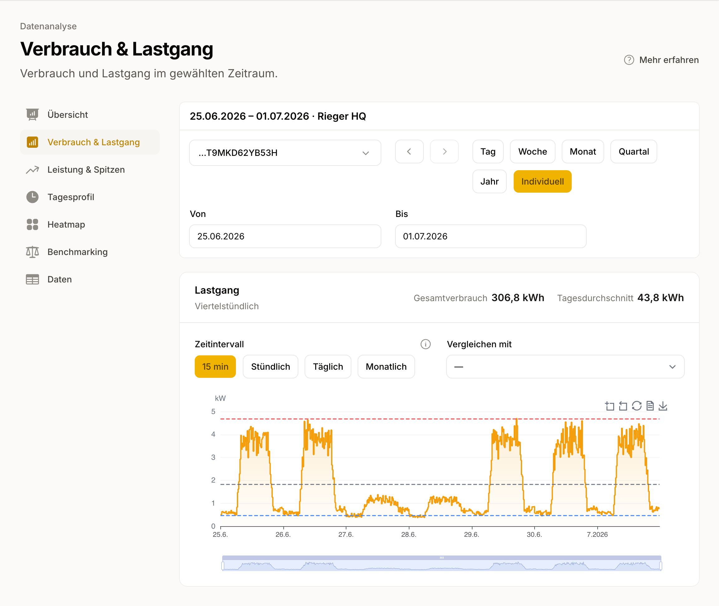 Verbrauch & Lastgang: Diagramm eines Zählers mit Markierungen für Grundlast, Durchschnitt und Spitzenlast.
