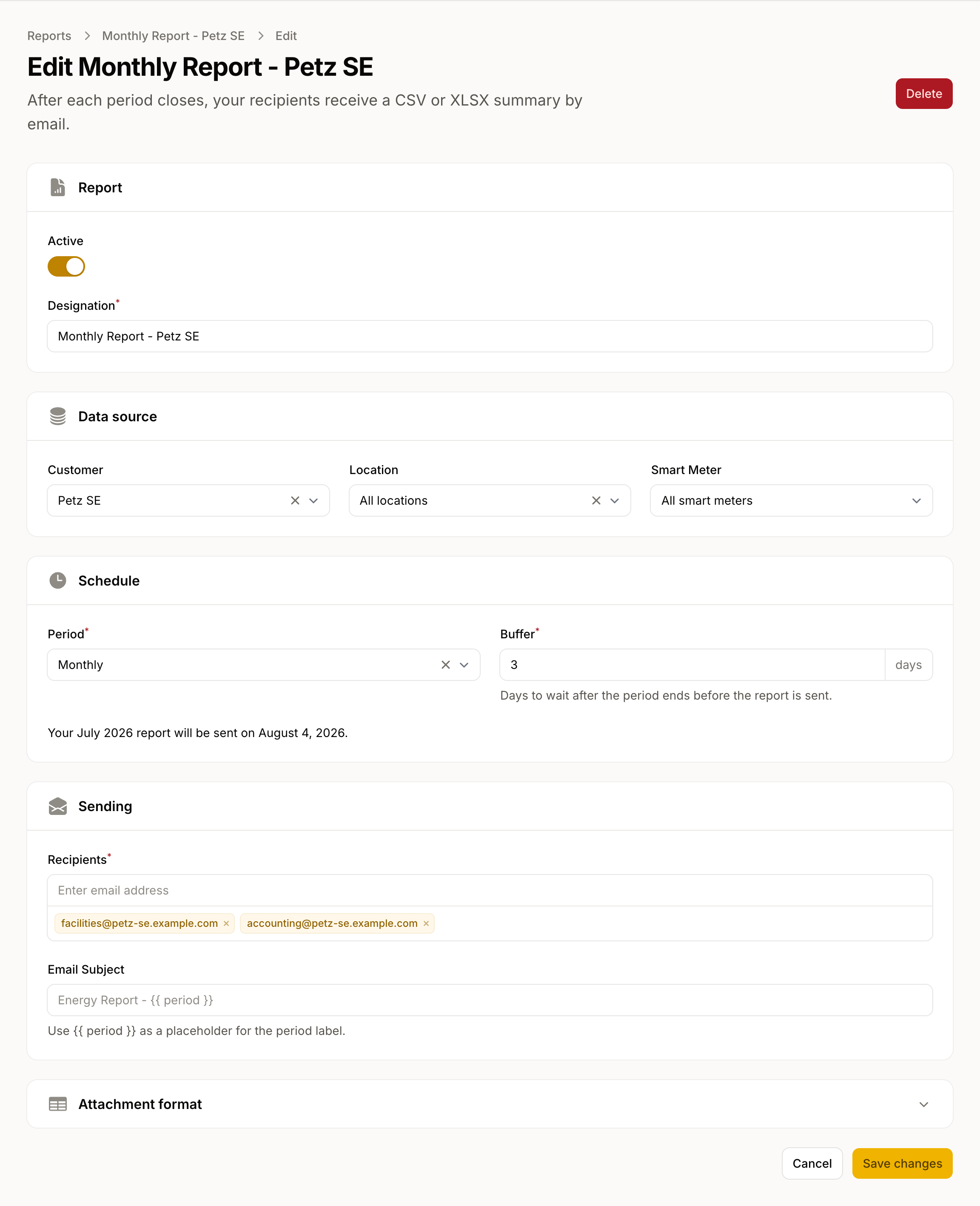 Report setup for a single customer, with email recipients and a monthly schedule.