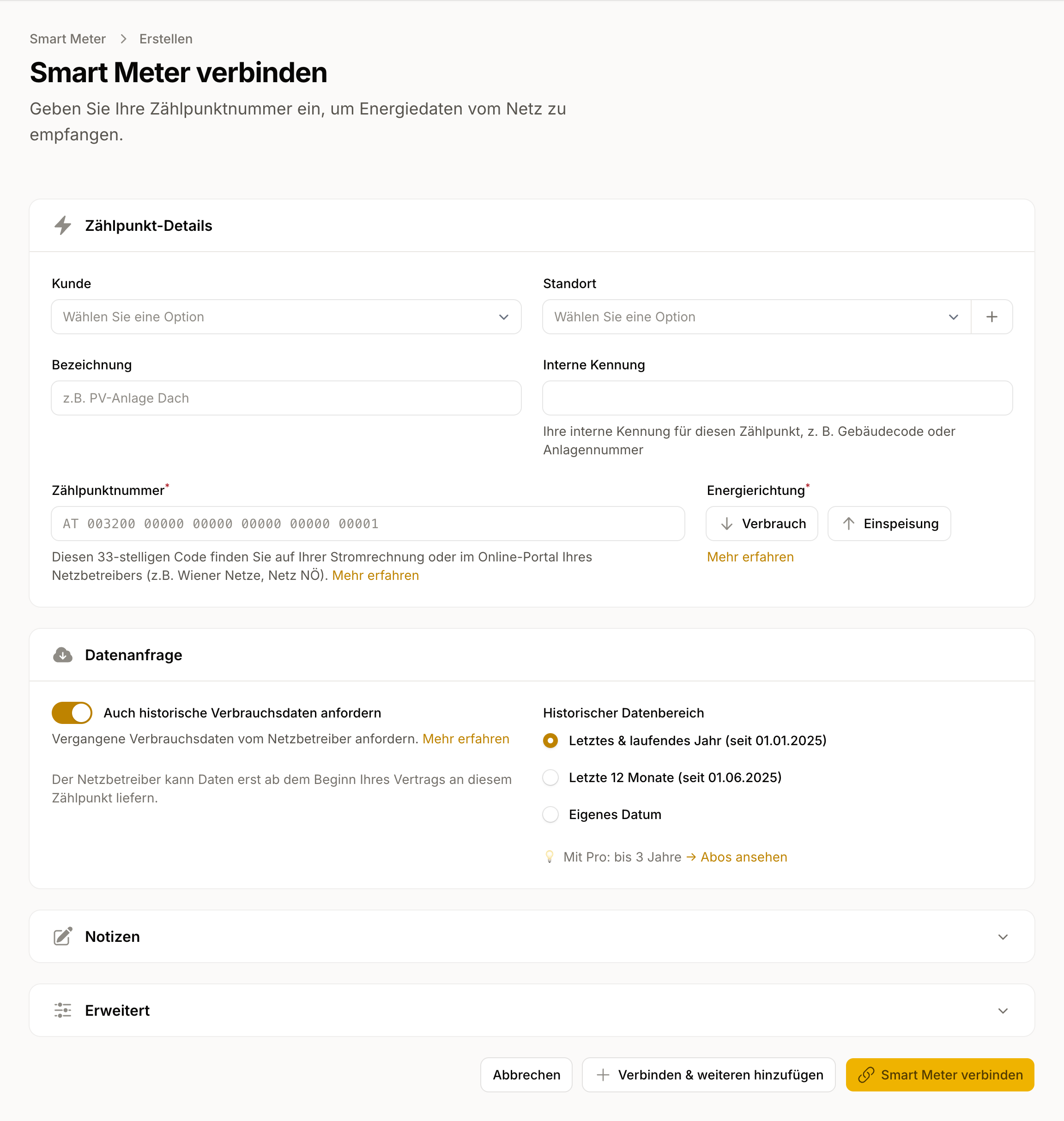 Formular „Smart Meter verbinden“ mit Zählpunkt-Eingabe, Richtungswahl und Option für die historische Nachforderung.