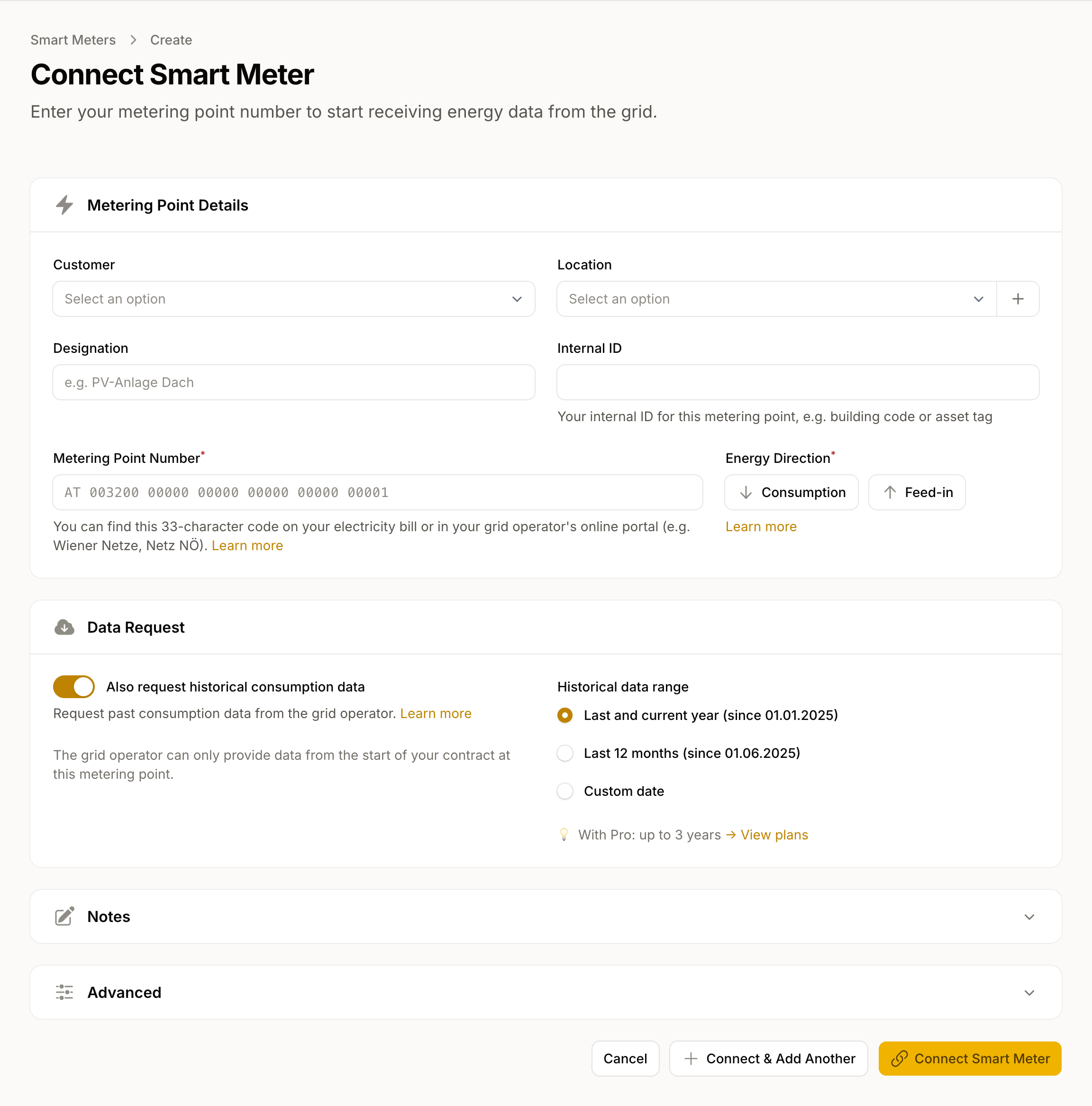 “Connect smart meter” form with metering-point input, direction choice, and the historical-request option.