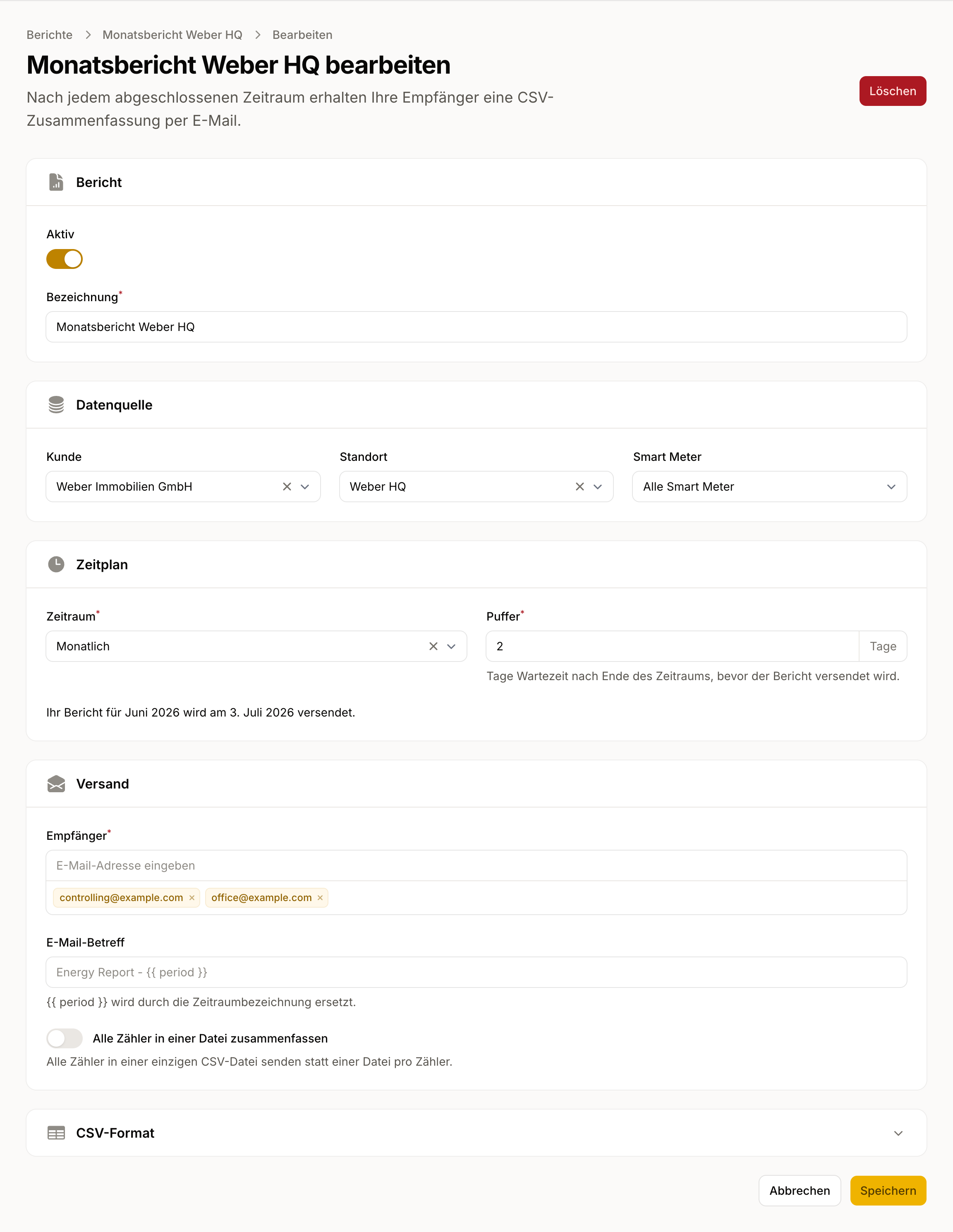 Das Berichtsformular mit Datenquelle, Zeitplan samt Puffer und Empfängern.