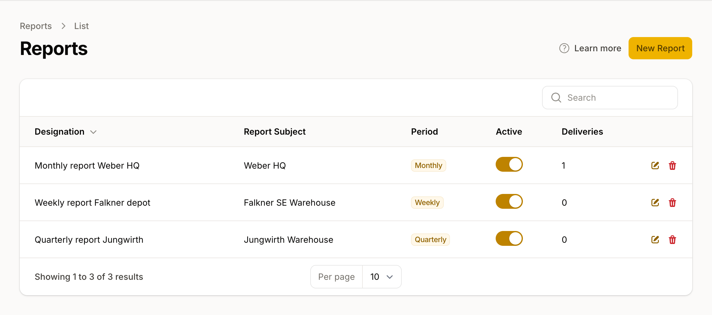 The reports list shows one report per row with subject, period, and delivery count.