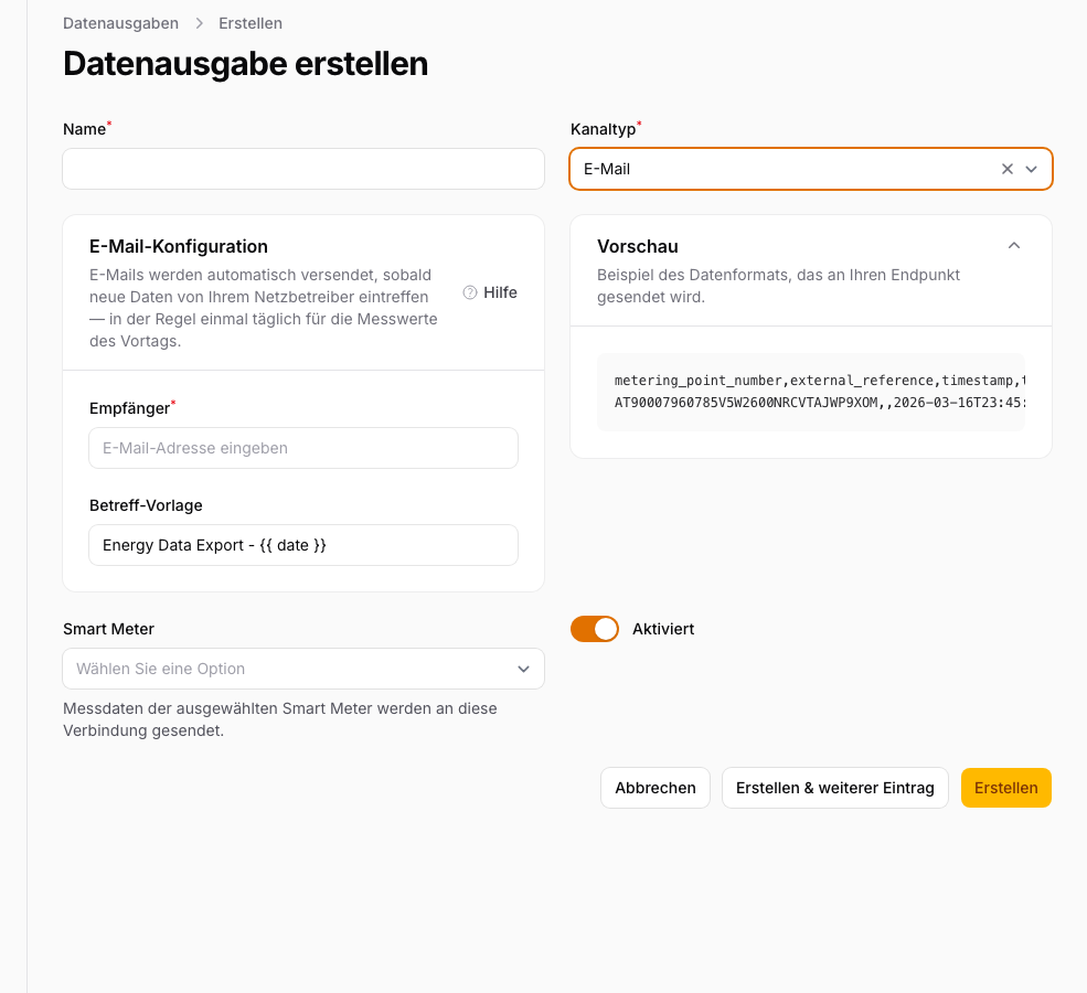 Email CSV connection editor: recipients, subject template, data preview, and assigned meters.