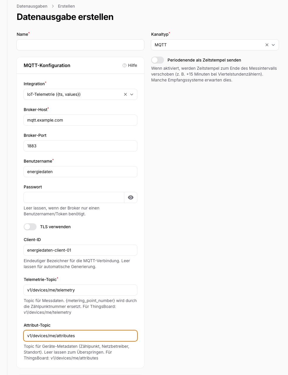 MQTT connection editor: broker host, port, TLS, credentials, client ID, topic configuration, and JSON preview.