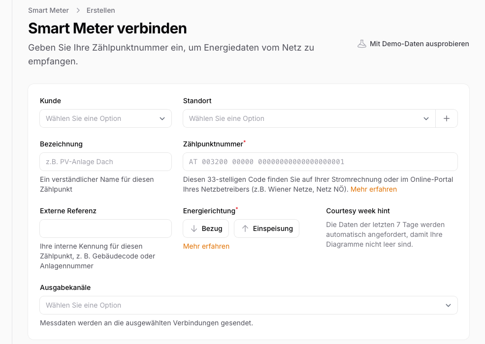 Form "Connect Smart Meter" with the "Try with demo data" option in the top right.