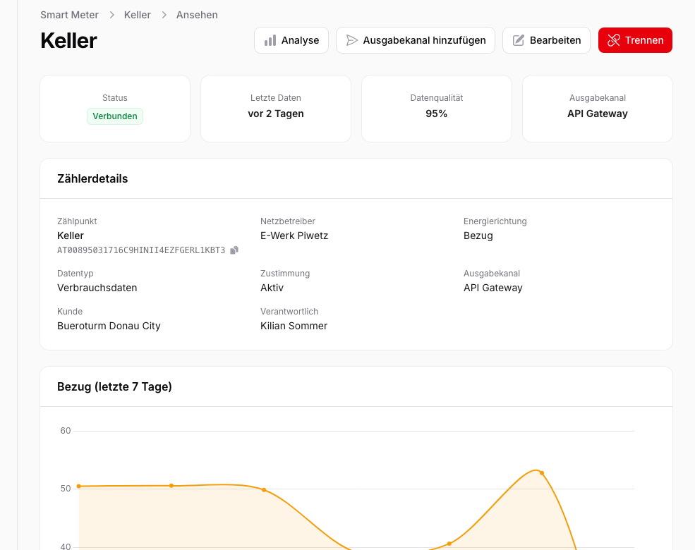 Smart Meter detail page: consumption chart, last data delivery, and data quality at a glance.