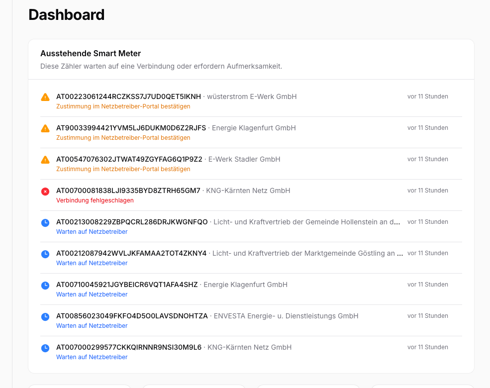 Meter detail page in "Failed" state: connection history, rejection reason, and "Try again" option.