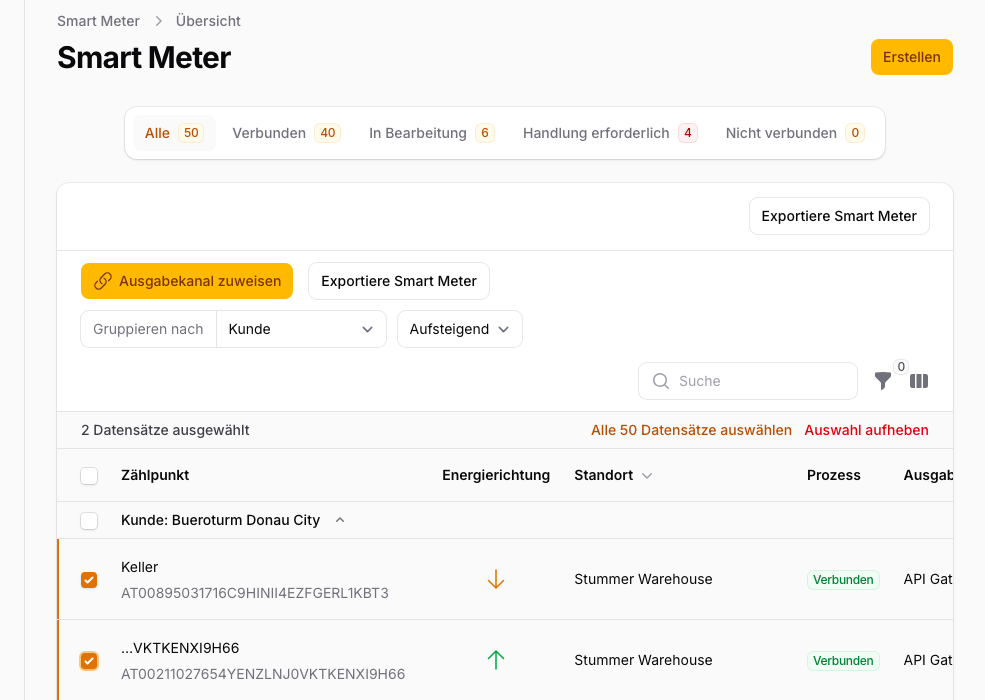 Smart meter overview with option to request historical data via bulk actions.