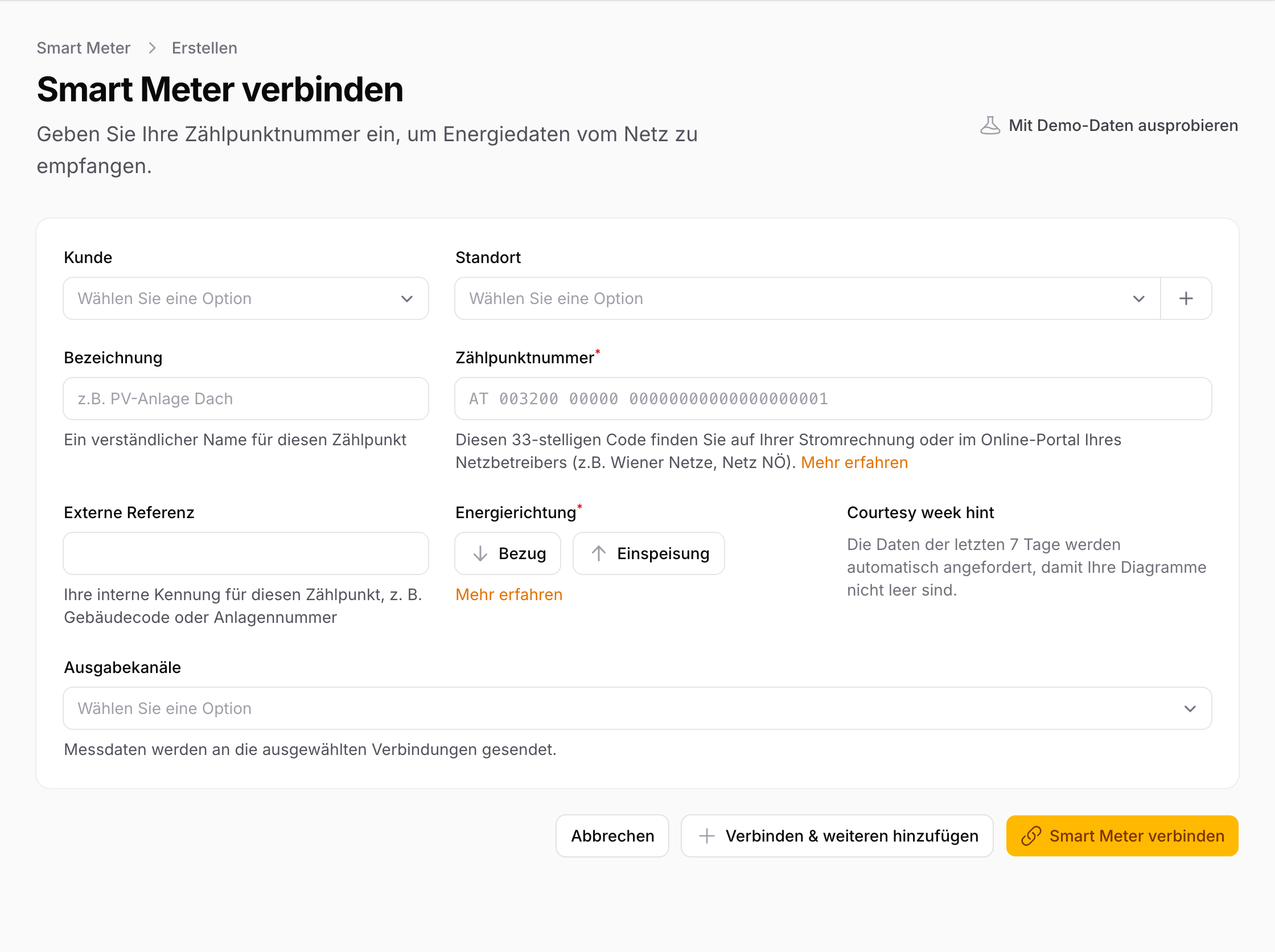 Form "Connect Smart Meter": enter Zählpunkt number, choose energy direction, and optionally assign to a customer or location.