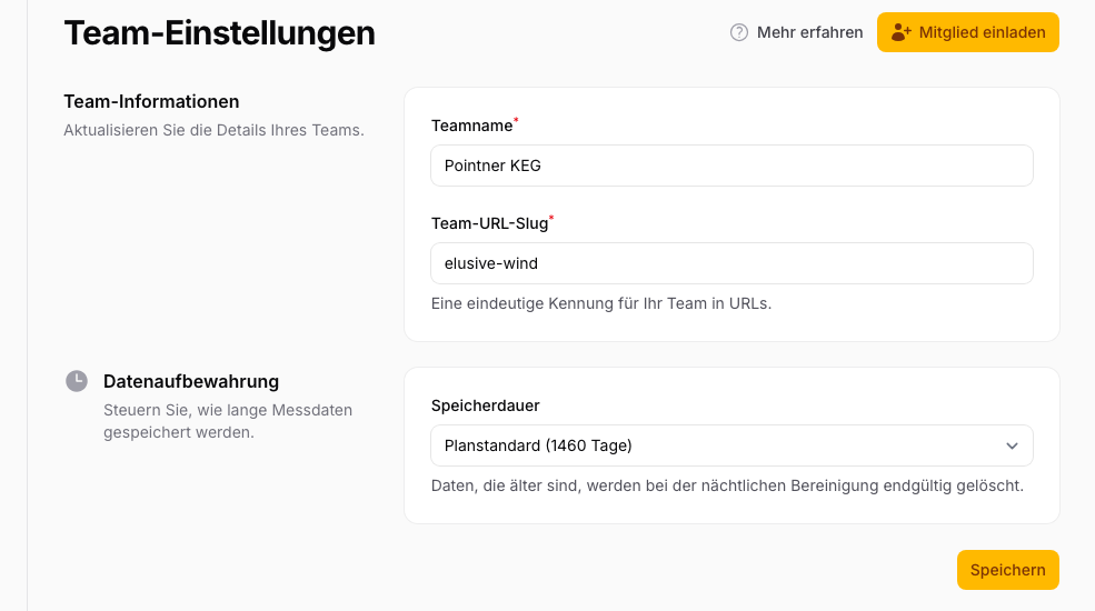 Team settings: configure team name, team URL, and data retention.